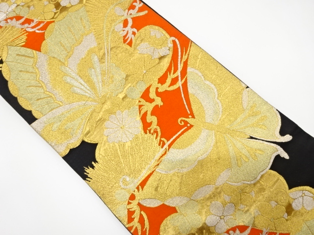 JAPANESE KIMONO / ANTIQUE FUKURO OBI / SILK / WOVEN BUTTERFLY